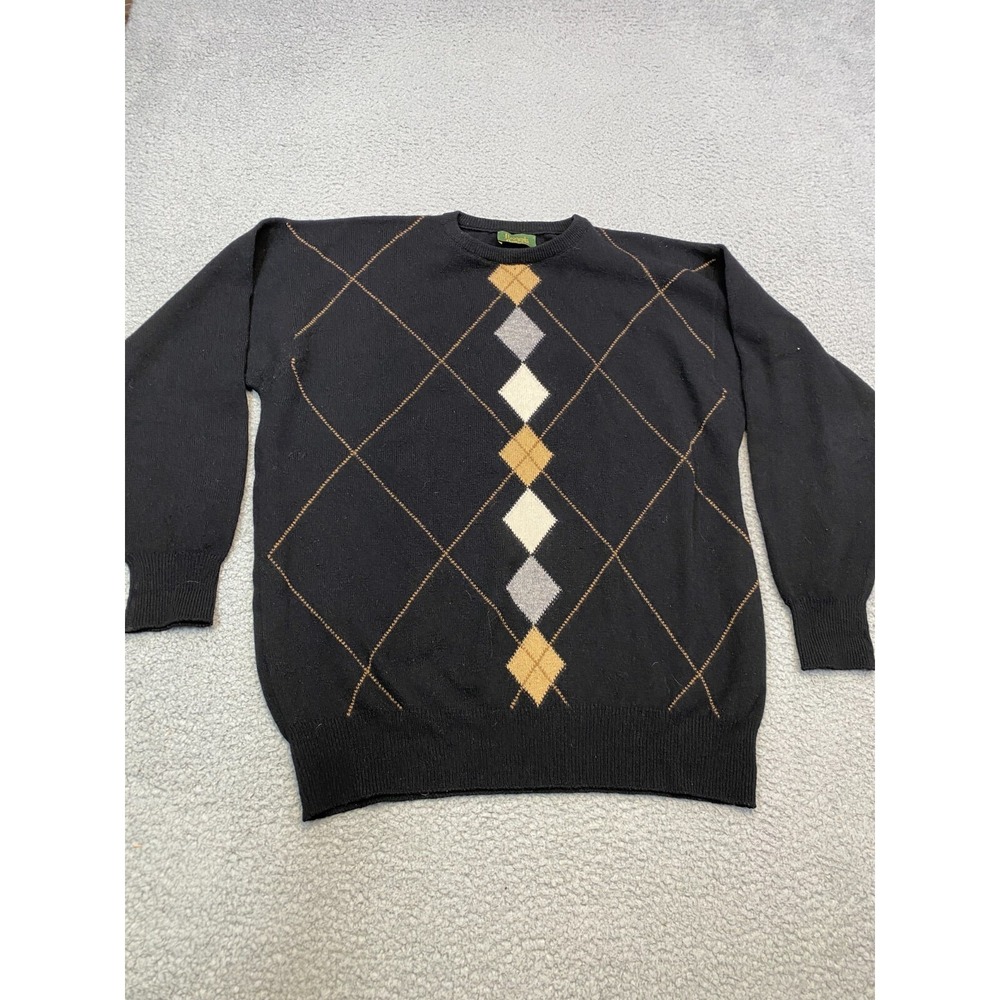 Harrods Knightsbridge Sweater Mens Medium Black Knit Wool Argyle Preppy Academia